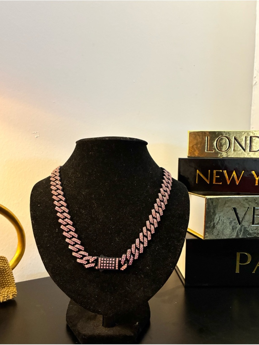 Pink Rhinestone Cuban Chain Necklace Iced Cuban Link Necklace Statement Jewelry